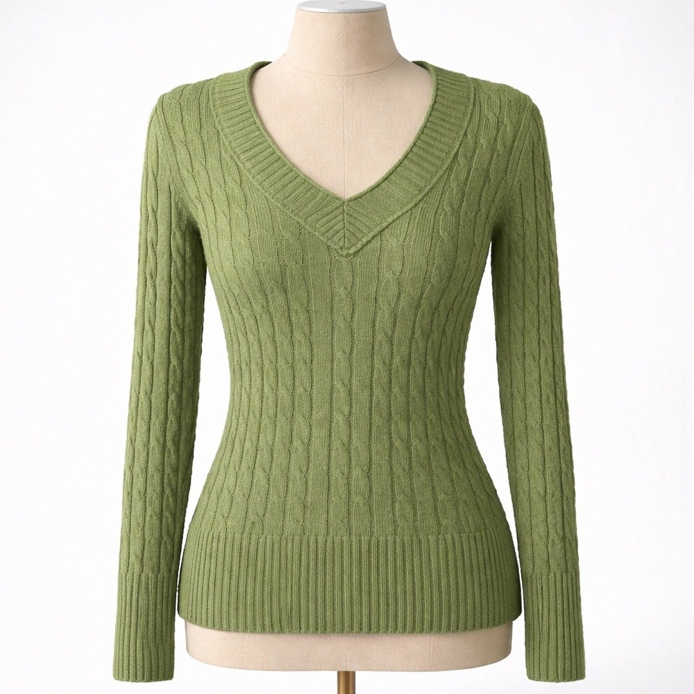 Y2K Rabbit Hair Wool Cable Knit V Neck Sweater Size M Green‎ Boho Preppy Indie